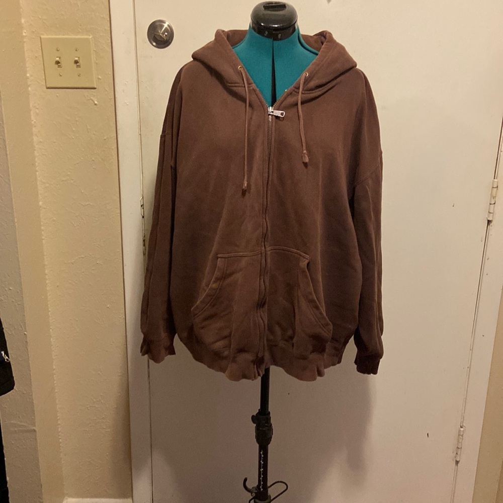 Mens Destressed Hoodie 2XL Dark Brown Zip front